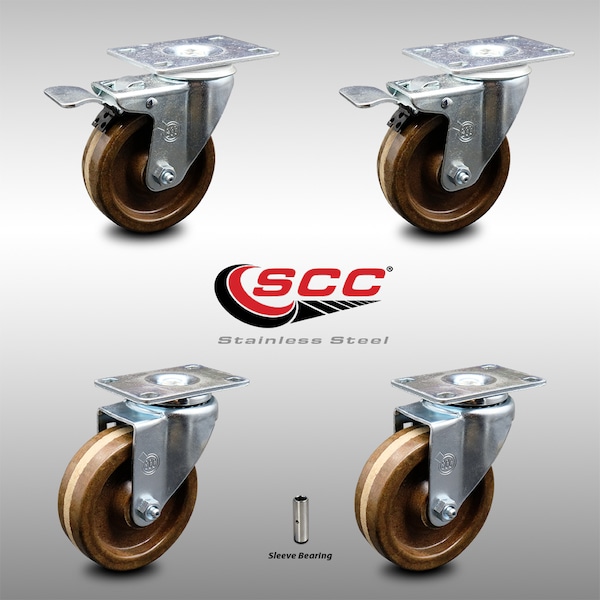 4 Inch SS High Temp Phenolic Top Plate Caster Total Lock Brakes SCC, 2PK